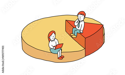 円グラフの上に座って、それぞれの割合について考える二人のイラスト