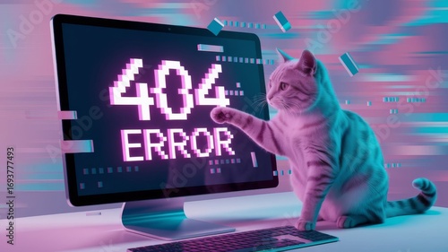 404 Error on Computer with cat, Cyberpunk Style