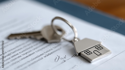 Realistic mortgage finance illustration showing metallic house keys resting on signed property agreement forms, minimal blue background designed for advertising, investment security, and housing marke
