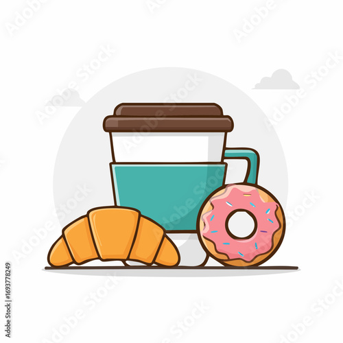 Vector illustration of takeaway coffee cup with croissant and pink glazed donut. Perfect for breakfast menu, café design, bakery branding, or food blog graphics.