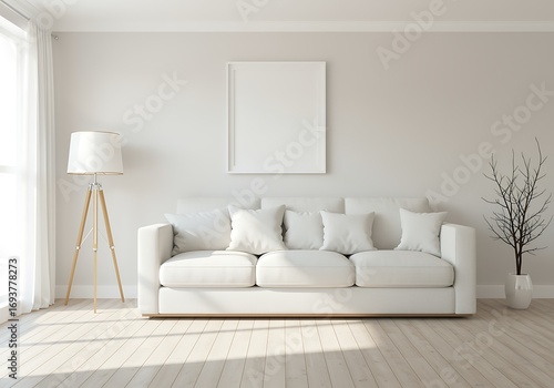 Minimalist living room interior design with white sofa and a modern floor lamp creating a bright and airy space for relaxation