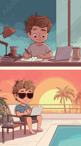 A young boy concentrates at his desk, writing notes with a laptop nearby. The next moment shows him enjoying a sunset by the pool, wearing sunglasses and sipping a drink.
