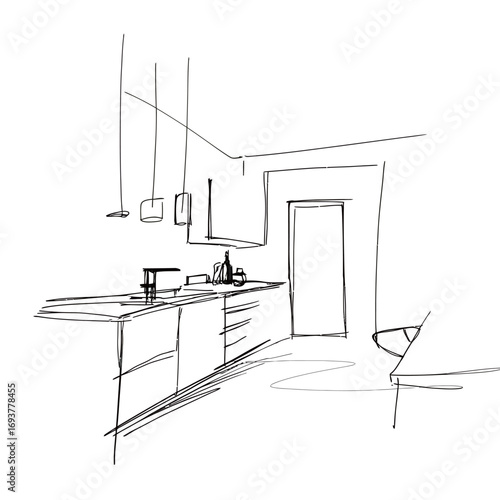 A minimalist kitchen is depicted with clean lines and an open layout, highlighting modern elements such as pendant lights and a simple design.