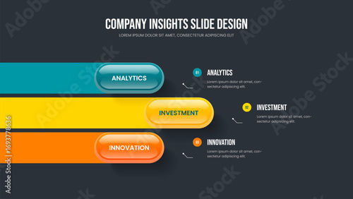 Business Planning 3 Step Diagram Slide Layout. Product Solution Three Element Infographic Presentation Design. Marketing Report Frame Template Vector Illustration.