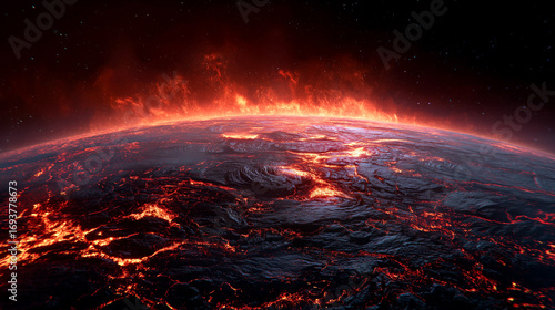 dramatic alien planet covered in vast fields of molten lava