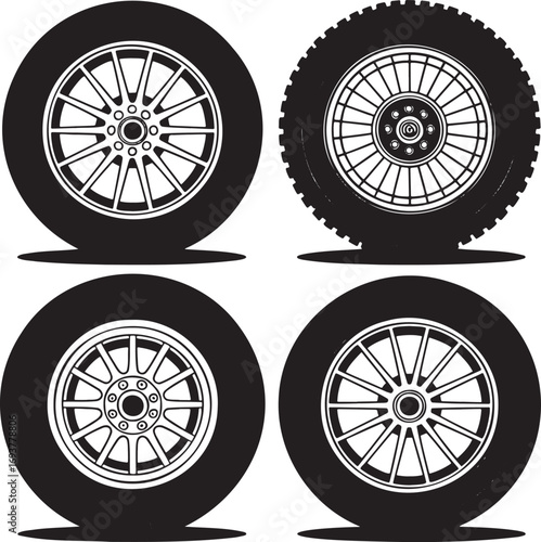 Set of Four Car Tire and Rim Designs – Automotive Wheel Variations for Vehicle Performance and Style 
