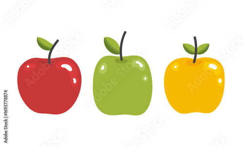 Red yellow green apple set isolated on white background vector illustration.