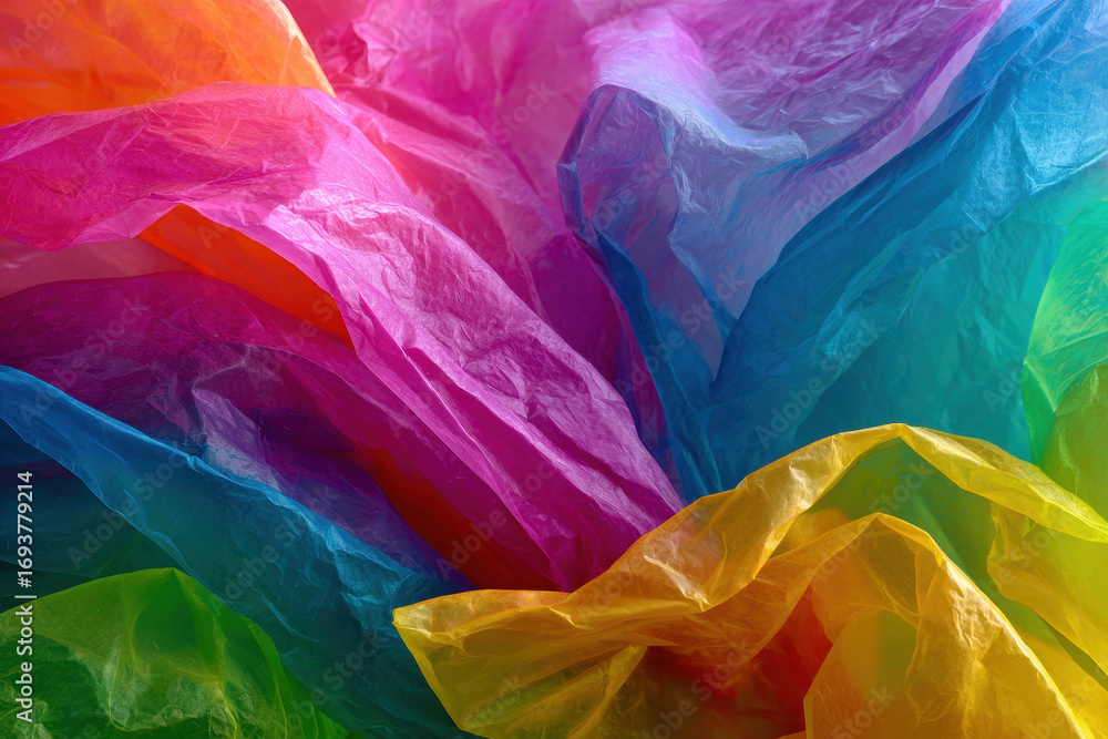 Obraz premium Colorful transparent plastic bags overlapping create vibrant abstract pattern