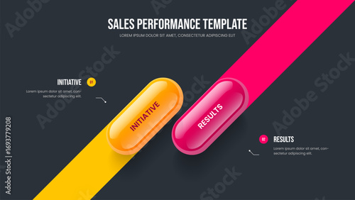 Market Development Slideshow Design Vector Illustration. Visual Performance 2 Step Infographic Slide Template. Digital Analysis Two Element Diagram Presentation Layout.
