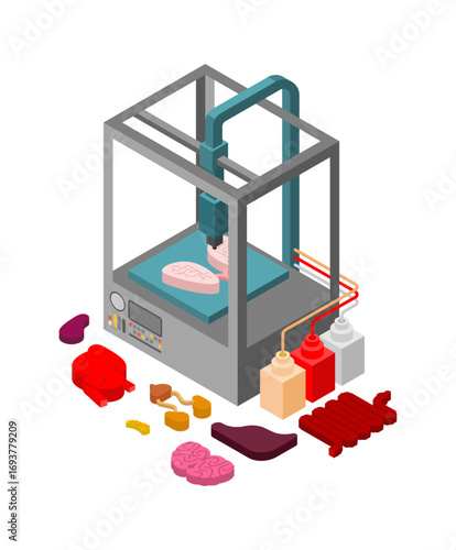 3D printer producing multiple human organs, symbolizing biotechnology, organ transplantation, medical innovation, and the future of healthcare.