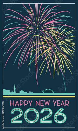 Vibrant fireworks explode celebrating New Year's Eve 2026 over a modern city skyline