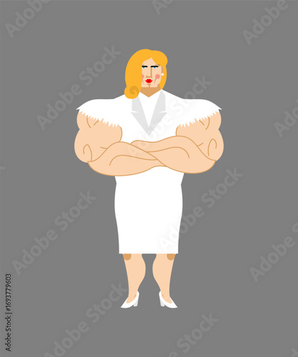 bride with huge muscles in wedding dress. Funny parody cartoon character, symbol of strong woman, wedding humor, and modern feminist art.