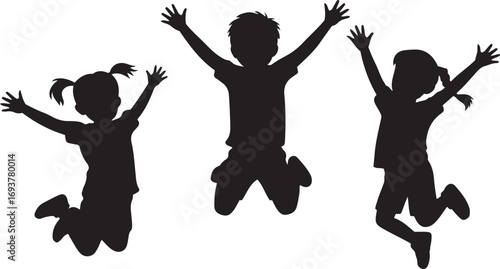 Silhouette of three happy children jumping in the air with joy