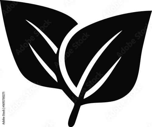 Simple black silhouette of two overlapping leaves representing nature growth and organic concepts for design