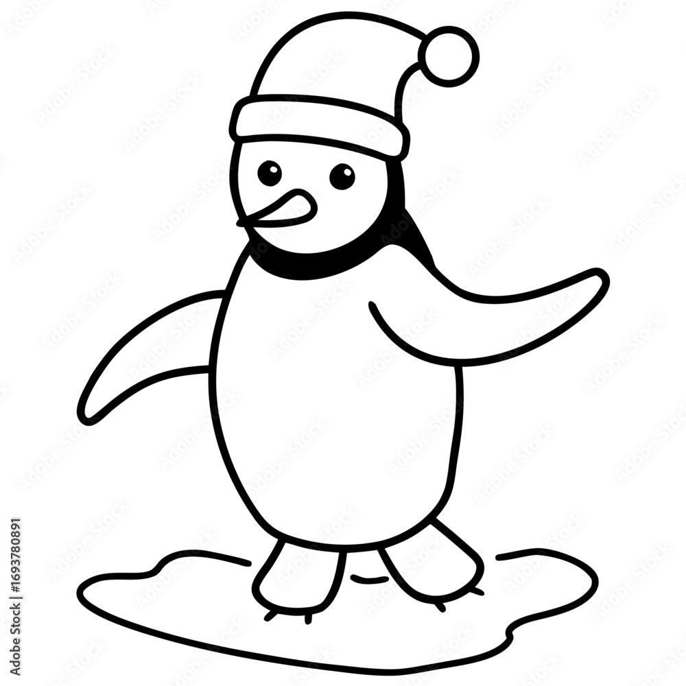 Obraz premium Cute cartoon penguin with santa hat standing on ice floe vector illustration adorable animal winter holiday season