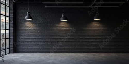 Minimalist industrial Interior With Black Brick Wall And Hanging Lights