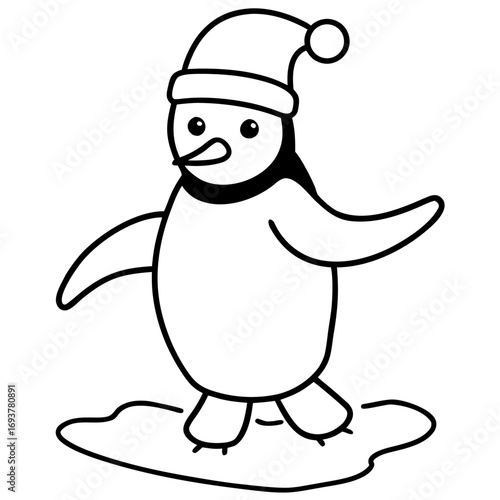 Cute cartoon penguin with santa hat standing on ice floe vector illustration adorable animal winter holiday season