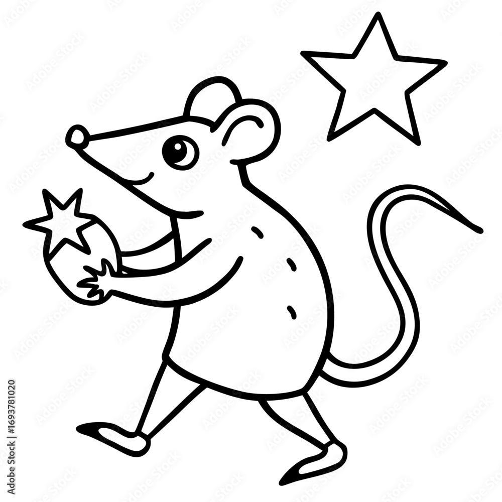 Fototapeta premium Cartoon Mouse Carrying Star Another Star Floating Above Festive Illustration Line Art Black and White