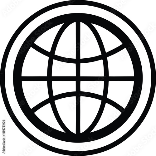 Global earth globe emblem symbol featuring meridian lines and parallel grids within concentric circular rings representing internationalism
