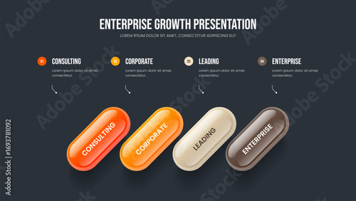 Business Overview Four Element Infographic Slideshow Layout. Service Report Presentation Template Vector Illustration. Corporate Launch 4 Step Diagram Frame Design.