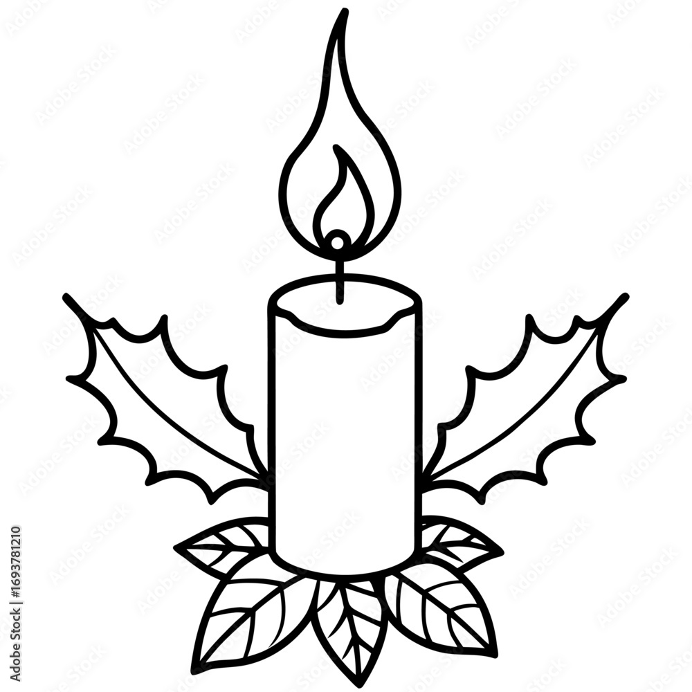 Obraz premium Elegant Candle Outline with Holly Leaves for Festive Christmas and Holiday Season Decor Vector Illustration