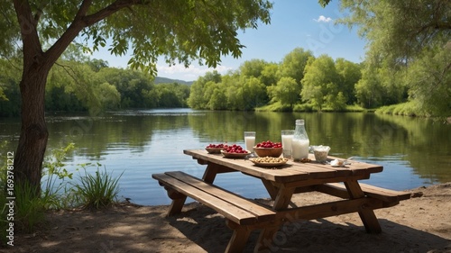 Tranquil riverside picnic scene with fresh fruits, milk, and cookies on a wooden table under trees