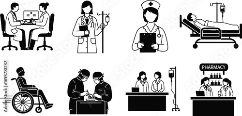 healthcare, hospital, doctor, nurse, patient, surgery, pharmacy, wheelchair, IV, consultation, medicine, vector, black, white, clinical, treatment, reception, rehabilitation, monitoring, service