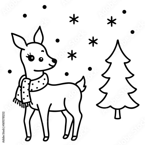 Whimsical Winter Scene Cute Deer in Scarf by Christmas Tree with Snowflakes Coloring Page Style