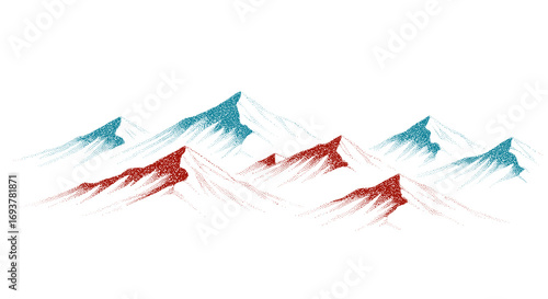 A minimalist, abstract depiction of a mountain range with peaks rendered in striking teal and rust red brushstrokes against a white background.