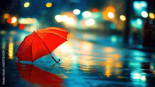 Wallpaper Mural Vibrant red umbrella rests on rain-slicked street reflecting city lights creating ambiance Torontodigital.ca
