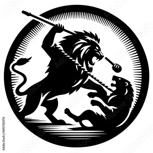 Two lions in combat one standing with a staff in a circular black and white emblem illustration