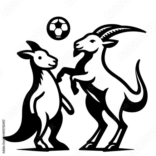 Illustration of a kangaroo and a goat standing near each other with a soccer ball above them in black and white