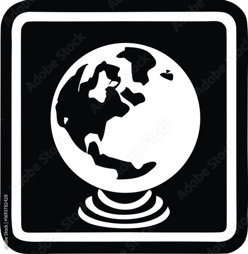 Stylized globe icon showcasing continents on a pedestal within a square border representing global reach and information.