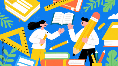illustration of a man and woman with books