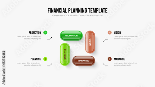 Advertising Performance Slide Layout Vector Illustration. Consulting Development Four Element Diagram Slideshow Template. Project Strategy 4 Step Infographic Presentation Design.