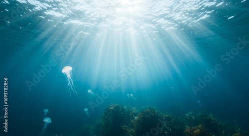 Wallpaper Mural Mystical underwater scene with glowing sun rays streaming down, dreamy blue tones Torontodigital.ca