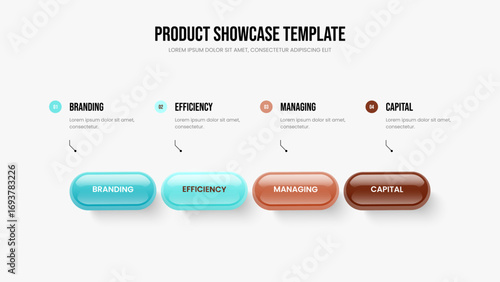 Modern Proposal 4 Option Diagram Slide Layout. Digital Strategy Four Element Infographic Slideshow Design. Enterprise Showcase Frame Template Vector Illustration.
