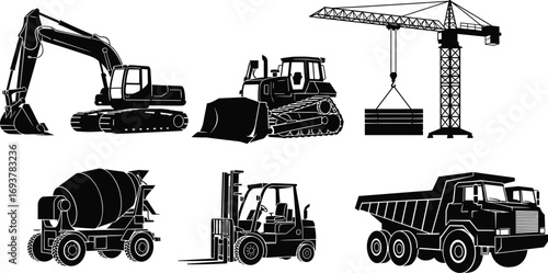 construction, vehicles, excavator, bulldozer, crane, concrete mixer, forklift, dump truck, silhouette, vector