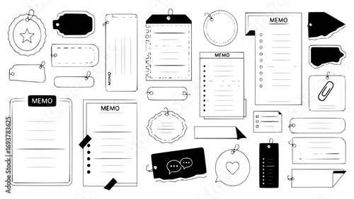 Collection of handdrawn memo notes, tags, and labels isolated on white background