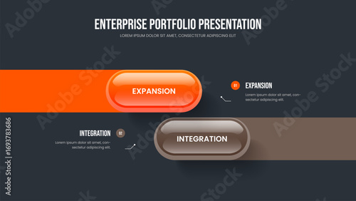 Marketing Showcase Two Element Diagram Frame Design. Modern Overview 2 Option Infographic Presentation Layout. Creative Review Slide Template Vector Illustration.