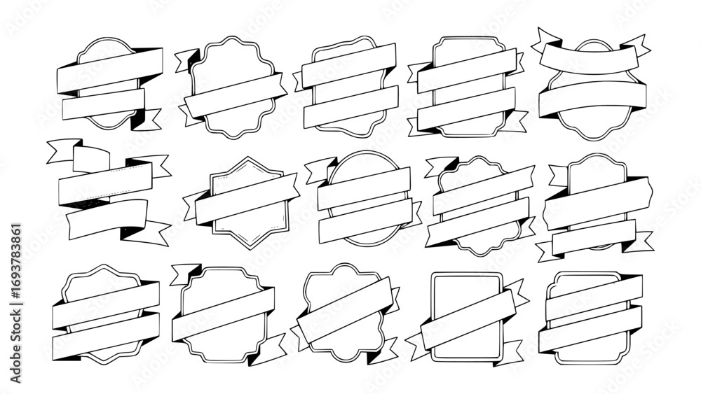 Set of blank ribbon banners and badges with varied shapes for custom text and design elements