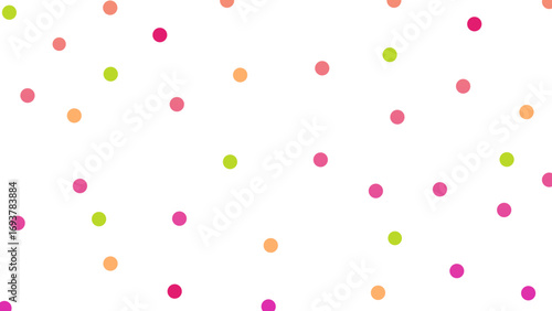 A cheerful pastel background featuring scattered colorful polka dots in soft pink, orange, green, and yellow tones on a clean white surface