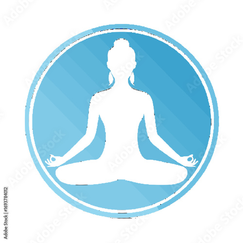 Silhouette of a woman in a lotus position meditating, set against a gradient blue circular background.