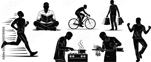 man, daily activities, running, reading, cycling, shopping, cooking, serving, dancing, lifestyle, routine, vector, black, white, silhouette, exercise, chores, leisure, celebration, motion
