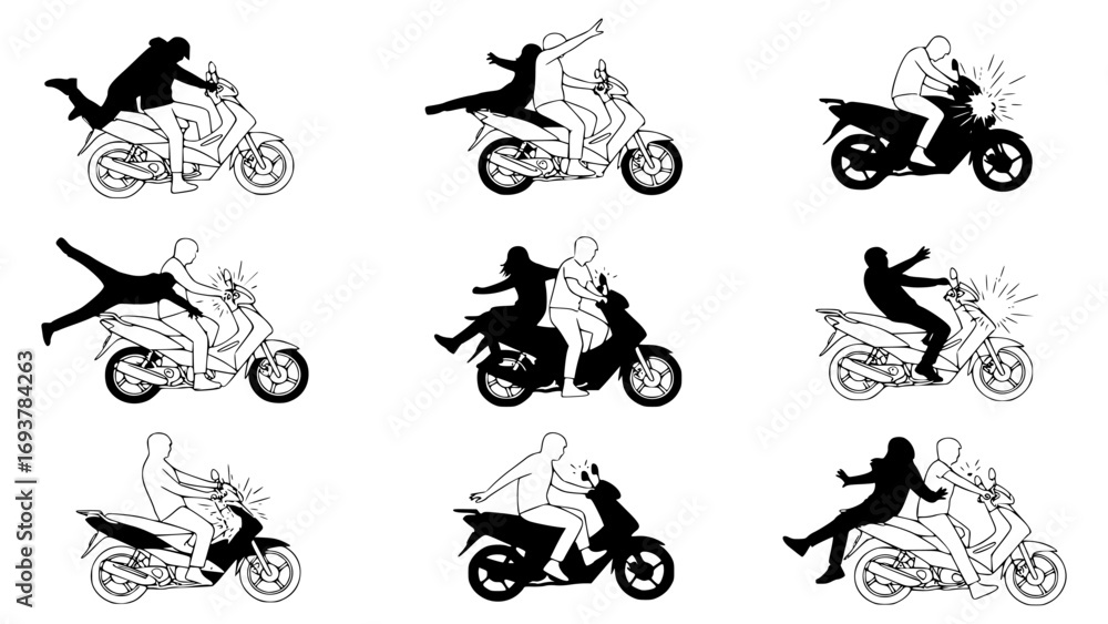 Naklejka premium Dynamic silhouettes of people riding scooters in various poses