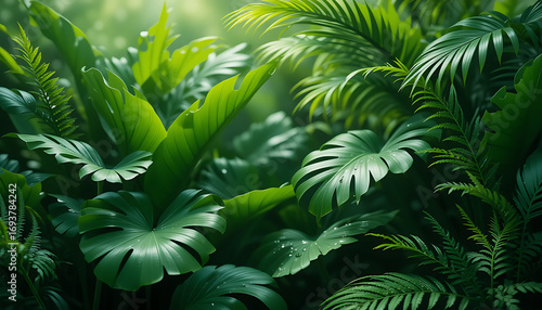 Close-up abstract texture of green fern leaves, a tropical foliage pattern in the forest