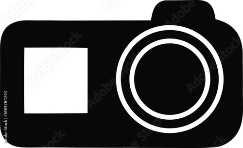 Simple silhouette icon of a digital camera with lens and viewfinder for photography and media related projects