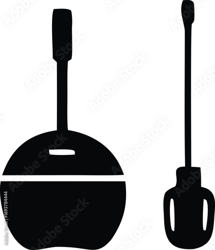 Two stylized silhouette tools screwdriver and toilet plunger industrial repair and maintenance icons simple object shapes