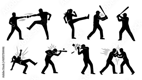 Silhouettes of people engaged in various combat and fighting actions