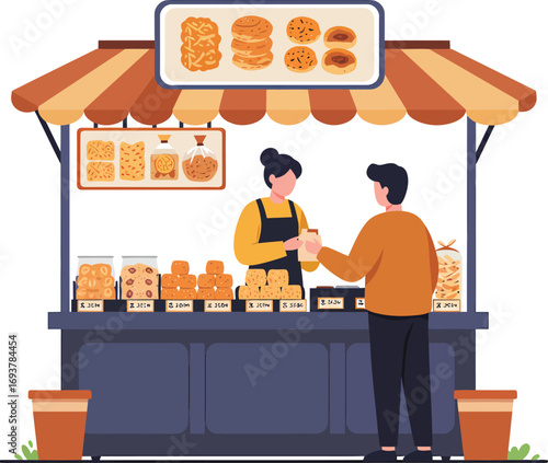 A vendor sells baked goods from a street stall to a customer.